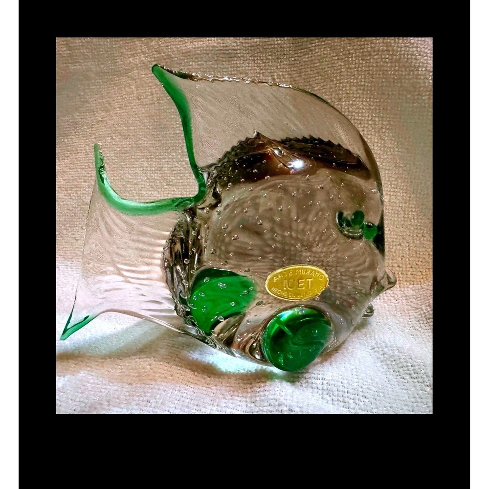Arte Murano ICET Glass Fish Figurine Green Clear Controlled Bubble Venezuela 6.5
